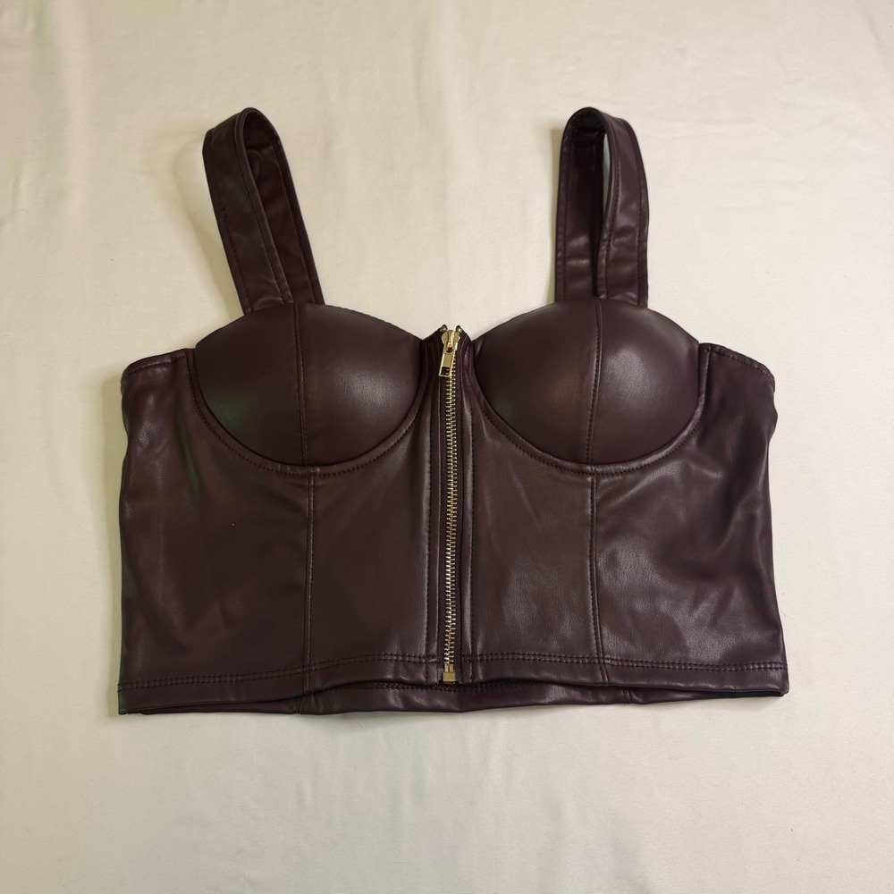 Story On Womens Faux Leather Corset Top Burgundy Zip Front Padded Cups Size M